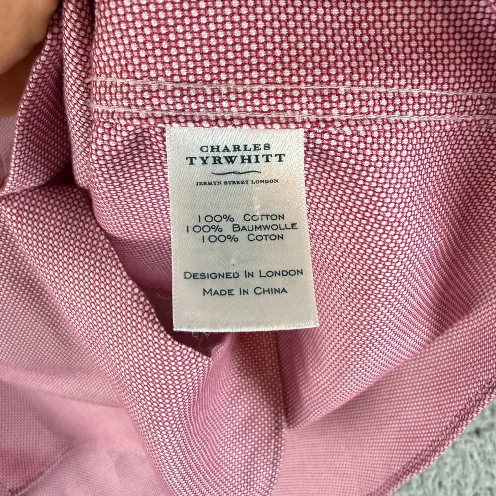 Charles Tyrwhitt Button-Up Dress Shirt Mens Large Pink‎ Extra Slim Fit Non-Iron